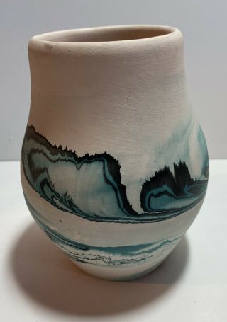 Nemadji Pottery Usa Vase Swirled Turquoise & Navy Blue 5.  5”