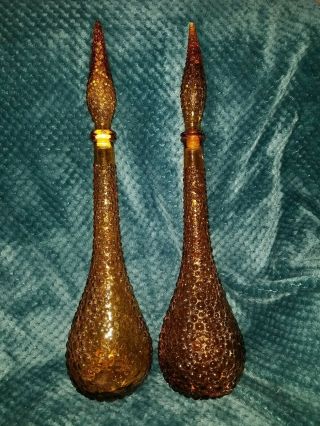 Vintage Empoli Rossini Italian Amber Glass Genie Decanter Bottles Mid Century.