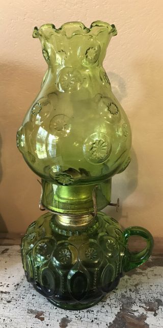 Vintage Moon And Stars Glass Oil Kerosene Lamp 12” Green Christmas Light