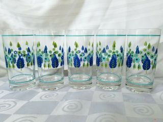 5 Vintage Highball Glasses Blue Green Flowers Leaves Trees Mid Century Tumblers