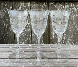 Cambridge Glass Wildflower Clear 10 Oz Water Goblet 8 1/4 " Stem 3121 Set Of 3