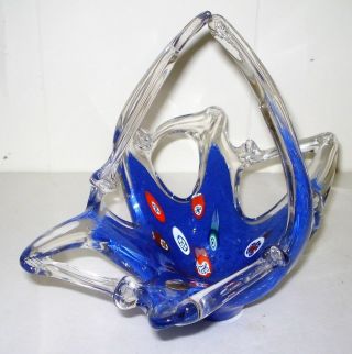 Vintage Italian Murano Cobalt Blue Glass Bowl Basket Millefiori Nr