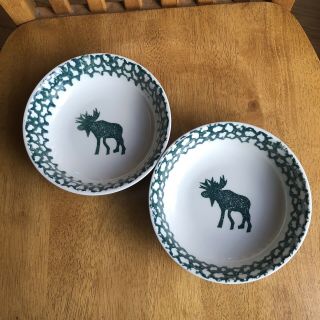 Folk Craft Moose Country Tienshan Green Spongeware Soup Cereal Bowls Set Of 2