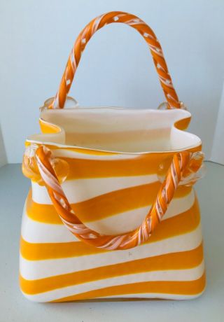 Hand Blown Art Glass Orange & White Striped Vase Planter 9.  5 X 7.  5 X 5.  5 "