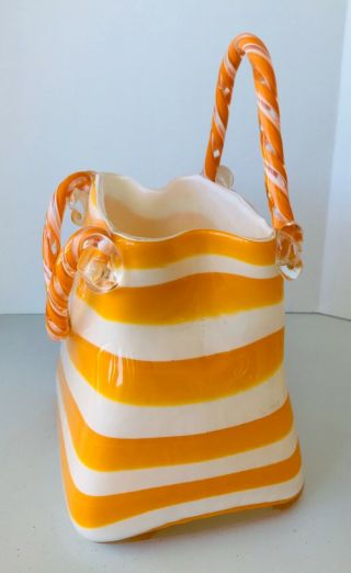 Hand Blown Art Glass Orange & White Striped Vase Planter 9.  5 x 7.  5 x 5.  5 