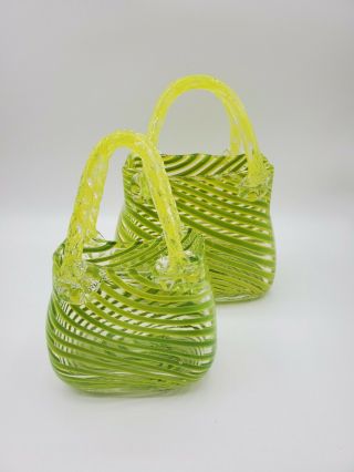 2 Hand Blown Murano Style Art Glass Purse Vase Lime Green Stripes Small & Large