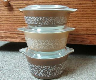 Set Of 3 Pyrex Woodland Brown/tan 471 - B,  472 - B,  473 - B Casserole Dishes W/lids