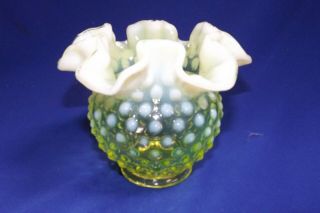 Vintage Fenton Topaz Vaseline Opalescent Hobnail Ruffled Top 4.  5 " Rose Bowl Vase
