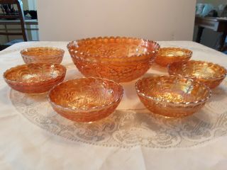 Imperial Marigold Carnival Glass Grape And Cable 7 Pc Berry Bowl Set