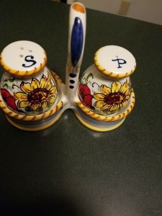 Italy Salt & Pepper Set W/ Caddy Hand Painted Yellow Red Pottery.