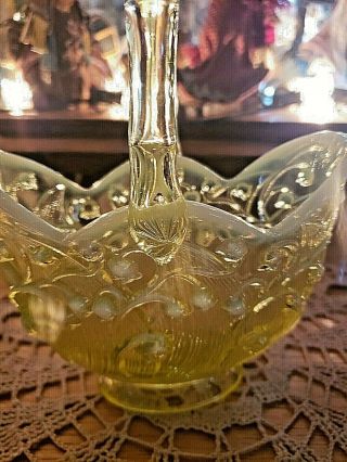 FENTON 8 inch Basket YELLOW Vaseline Topaz OPALESCENT Lily of the Valley 3