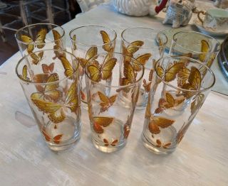 Vintage Mcm Set Of 7 Libbey (?) Gold Butterfly Glitter Highball Drinking Glasses