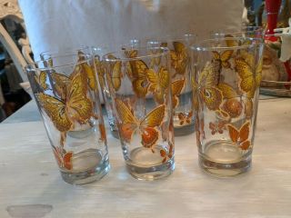 Vintage MCM Set Of 7 Libbey (?) Gold Butterfly Glitter Highball Drinking Glasses 2