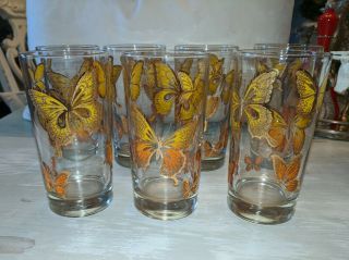 Vintage MCM Set Of 7 Libbey (?) Gold Butterfly Glitter Highball Drinking Glasses 3