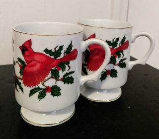 Set Of 2 Lefton China Hand Painted Cardinal Bird Christmas Tea Coffee Mug 01063