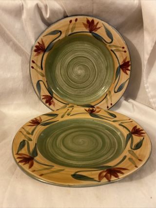 2 - Pier 1 - Elizabeth Salad Plates - Floral Hand Painted Yellow Red Stoneware