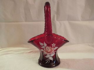 Vintage Fenton Art Glass Ruby Red Basket Hand Painted & Signed