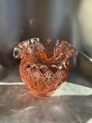 Vintage Fenton Art Glass Diamond Pattern Rose Pink Rose Bowl Vase Ruffled Top