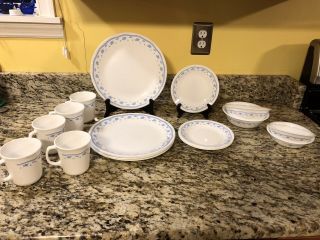 18 Pc Corelle Morning Blue Dinnerware,  Plates,  Cereal Bowls,  Berry Bowls & Cups