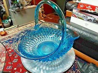 Vintage Indiana Glass Large 12 3/4 " Tiara Blue Diamond Point Canterbury Basket