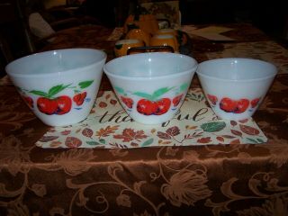 3 Lovely Vintage Fire King Apple & Cherry Nesting Bowl Set Vgc