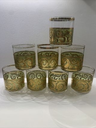 Eight Vintage Culver 22k Gold Green Toledo Lowball Cocktail Glasses Gorgeous