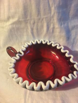 Vintage Fenton Glass Ruby Red W/ White Snow Crest Bowl Candy Dish