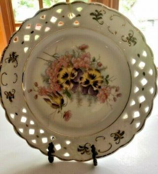 Vintage Porcelain Pierced Plate With Pansies And Gold Decorations,  Lacey Look 7 "