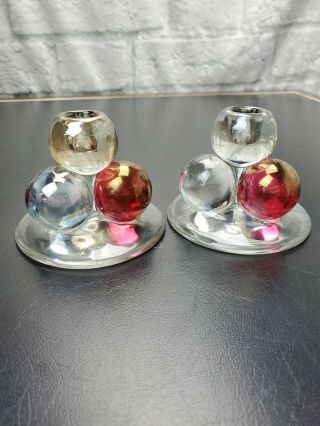 Vgt Westmoreland Della Robbia Ruby Flash Glass Ball Candlestick Holders - Set Of 2