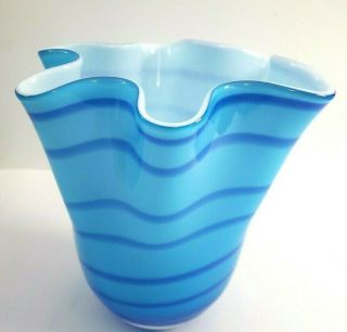 Vintage Murano Style Art Glass Blue Swirls Wavy Ruffled Edged Centerpiece Vase