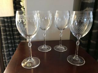 4 Vintage Bohemian High Stem Engraved Crystal Glass Wine Glasses Gift Czech