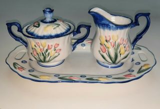 Delftware Royal Twickel Ter Steege Bv Creamer Sugar And Tray Tulips Handpainted