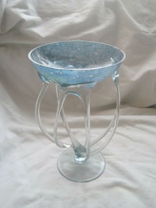 Unusual Glass Murano Glass Pedestal Dish Bowl Hand Blown Blue Art Vintage