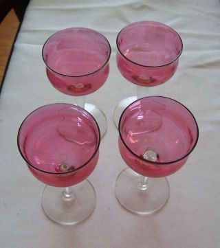 4 Vintage Cranberry Wine Champagne Goblets Glasses W Clear Stems 4.  75 "