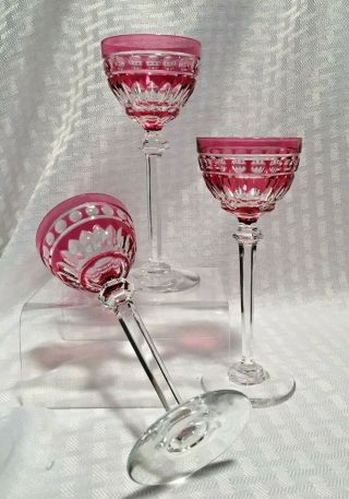 Val St Lambert Set/3 Cordials Cranberry Pink Cut To Clear Crystal Bohemian