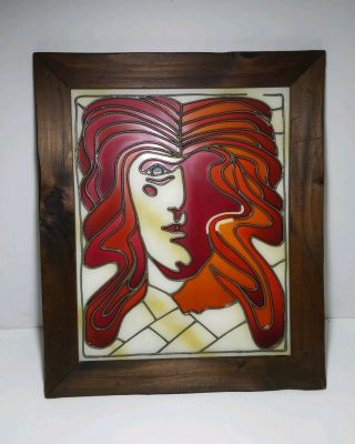 Vintage Wall Hanging Stained Glass Art Panel - Wood Framed - Abstract Profile