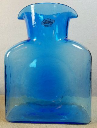 Vintage Blenko Glass Cobalt Blue Double Spout Water Bottle Pitcher Carafe 8 " Tall