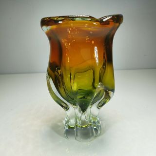 Murano Art Glass Vase Vintage Green Amber Clear Retro Sommerso Italian 18x15cm 2