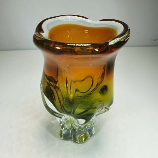 Murano Art Glass Vase Vintage Green Amber Clear Retro Sommerso Italian 18x15cm 3