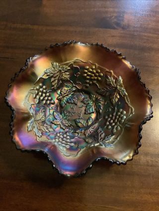 Northwood Carnival Glass Amethyst Grape And Cable Ruffled Edge Dish