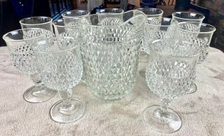 Vintage Heavy Glass Diamond Pattern - 1 1/2 Qt Pitcher And 11 Goblets
