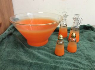 Vintage Blendo Frosted Orange Cruet Set Mcm Salt & Pepper,  Bowl & Cruet Set