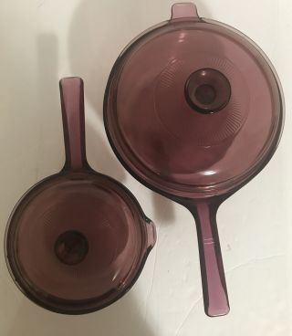 Corning Pyrex Visions 2.  5l & 1l Liter Cranberry Color Sauce Pans With Lids