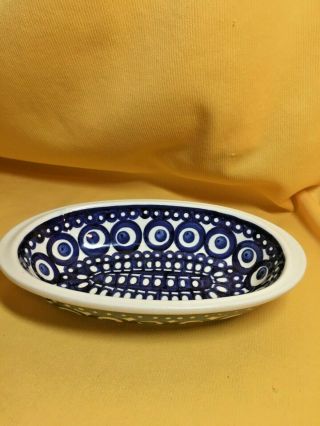 Vintage Boleslawiec Pottery Oval Blue And White Bowl - 4 3/4 X 8 "