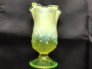 Fenton Yellow Topaz Vaseline Opalescent Lily Of The Valley Handkerchief Vase