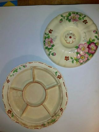 Vtg Mikori Ware Dvdd Serving Snack Vegetable Tray & Dome Lid Hnd Pntd C.  1900 Exc
