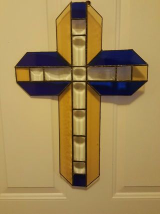 Large 19 " Stained Glass Sun Catcher Window Decor Blue And Yellow Cross,  Beveled