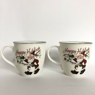 2 Pfaltzgraff Winterberry " Naughty " Happy Holidays Coffee Mugs Santa Claus 20 Oz
