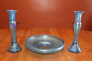 Vintage Tiffin Glass Sky Blue Satin Blue Frost Candlesticks And Console Bowl Guc