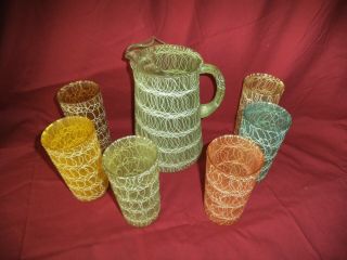 Vintage Spaghetti String Glass Pitcher Drizzle Serving Set With 6 Tumblers